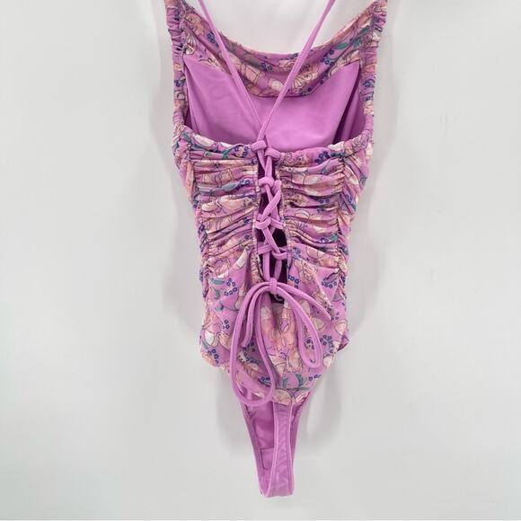 Free People Romantic Milkshake Mesh Butterfly Ruched Fairy Lace Up Boho Bodysuit - Picture 10 of 16